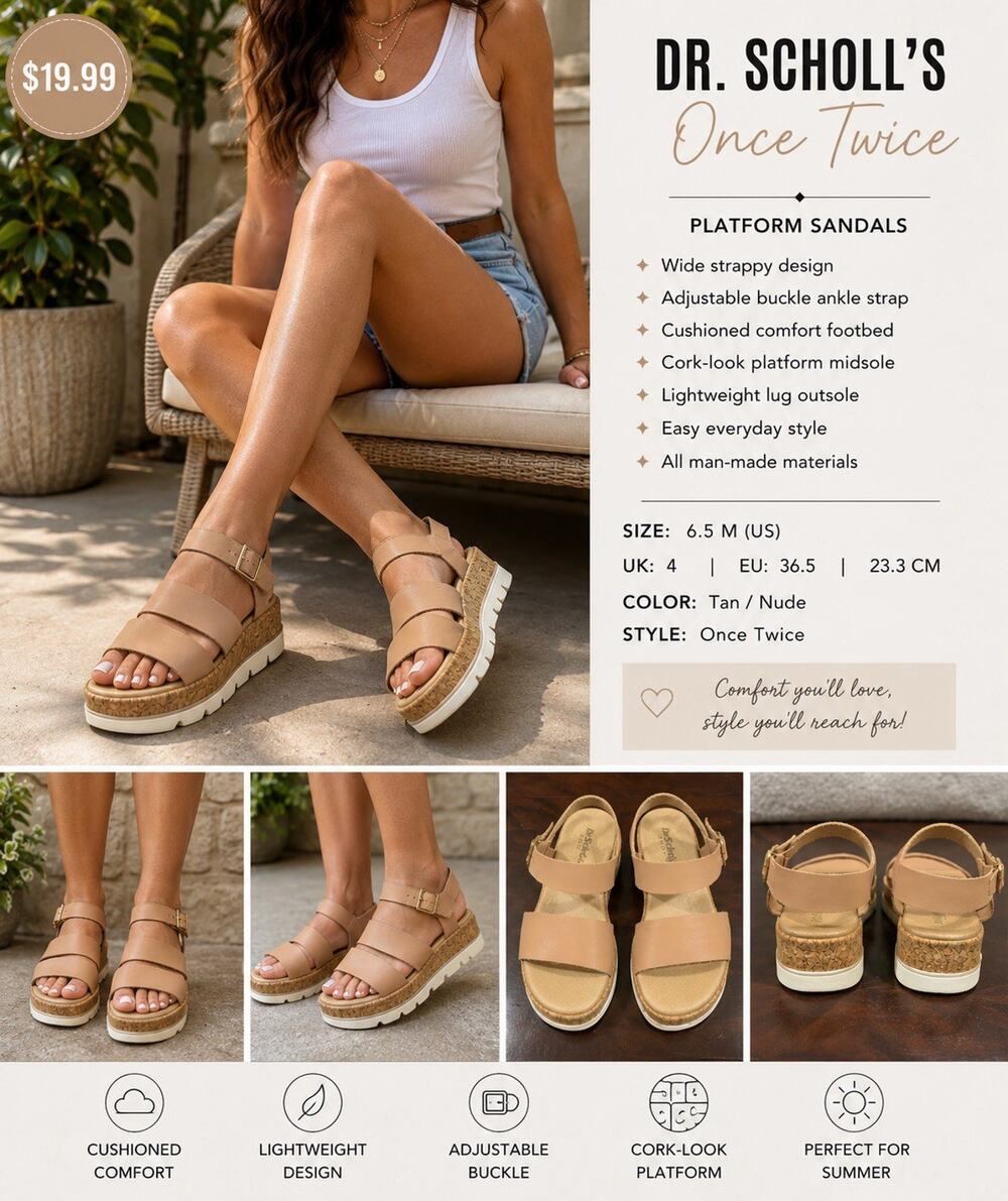 Dr Scholls Once Twice Sandals Womens 6.5 Tan Platform Cork Strappy Comfort